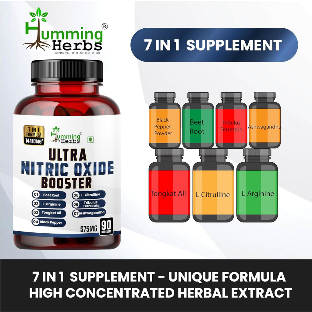 Humming Herbs ULTRA NITRIC BOOSTER - 7in1 | Beet Root, L-Arginine, Tongkat Ali, Black Pepper, L-Citrulline, Tribulus Terrestris & Ashwagandha - Enhance Energy, Performance, and Stamina - 90 Cap