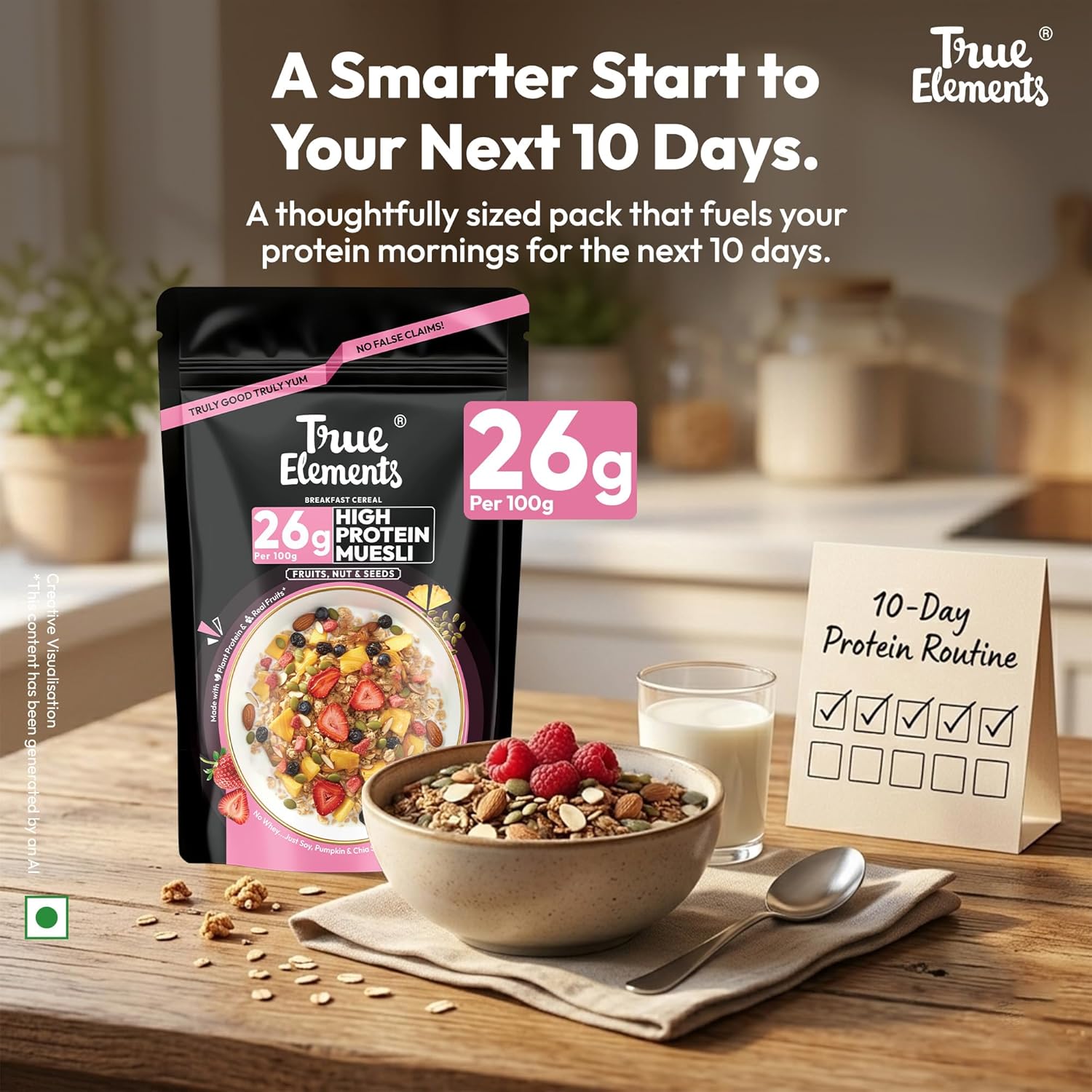 True Elements High Protein Muesli 400g | 26g Protein | Fruit,Nuts & Seeds | Healthy Breakfast Cereal | Rich in Nuts, Seeds & Wholegrains | No Added Preservatives