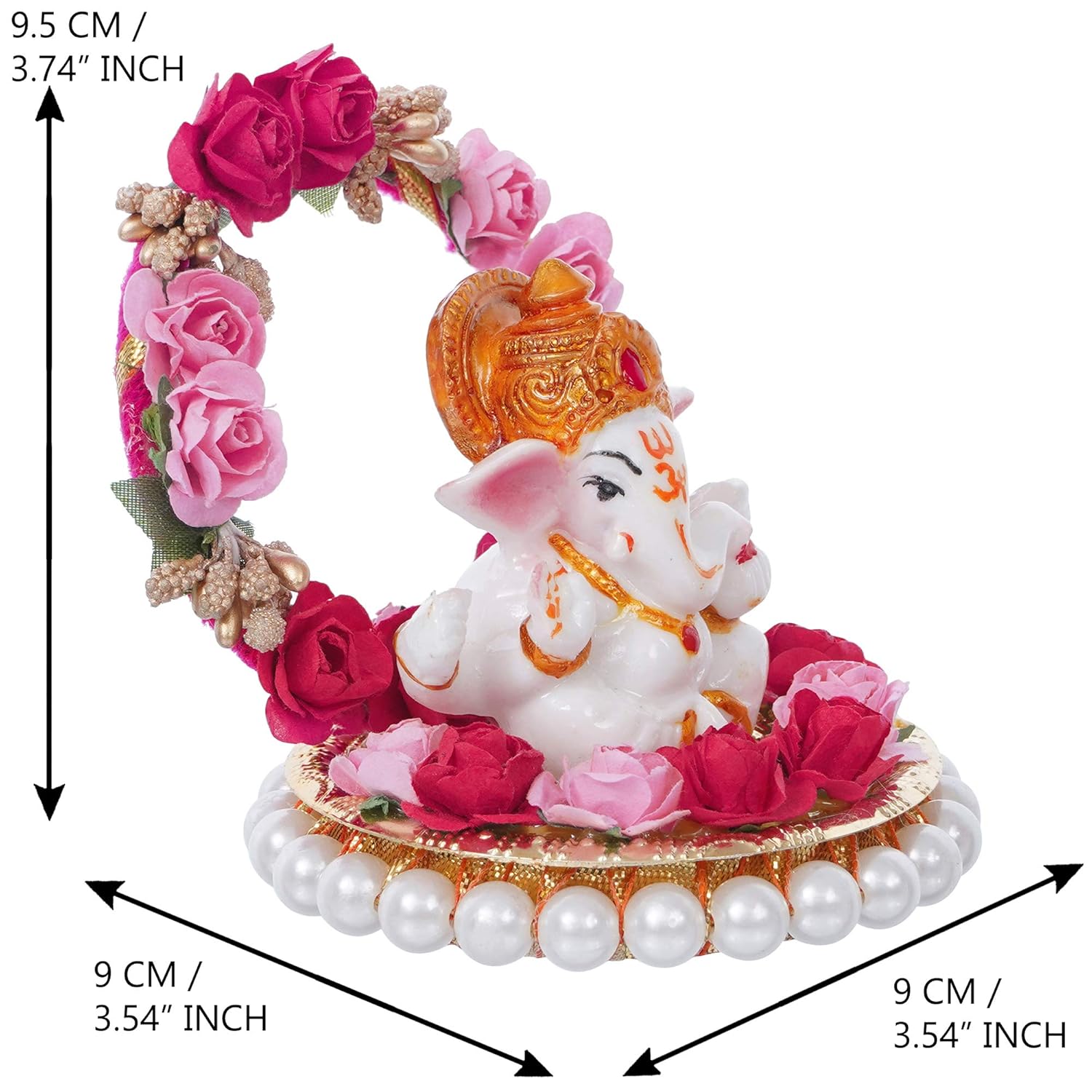 Ecraftindia Lord Ganesha Idol on Decorative Handcrafted Plate With Throne of Pink and Red Flowers
