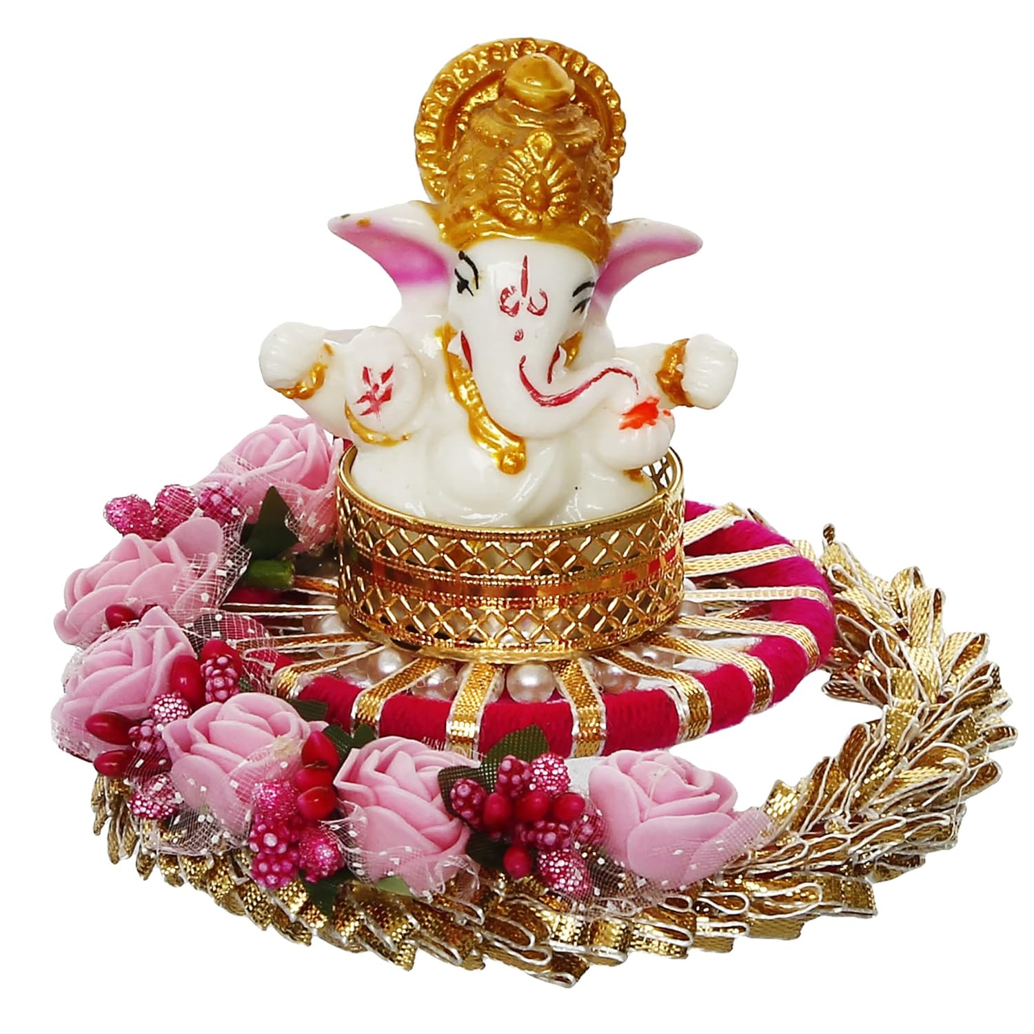 Ecraftindia Polyresin Lord Ganesha Idol on Pink Floral Handcrafted Plate | Exquisite Hindu God Figurine