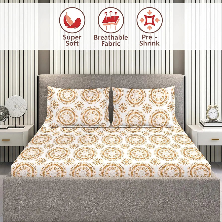 Layers Home Easy Cotton Bedsheet Set for All Seasons Lightweight 144 TC Queen Size Beige Printed