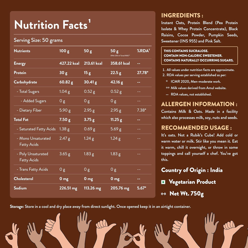 Nutrabay High Protein Oats - 750g, Dark Chocolate Raisin | 30g Highest Protein Oats Ever with Whey Protein Concentrate & Pea Protein Isolate | Zero Added Sugar