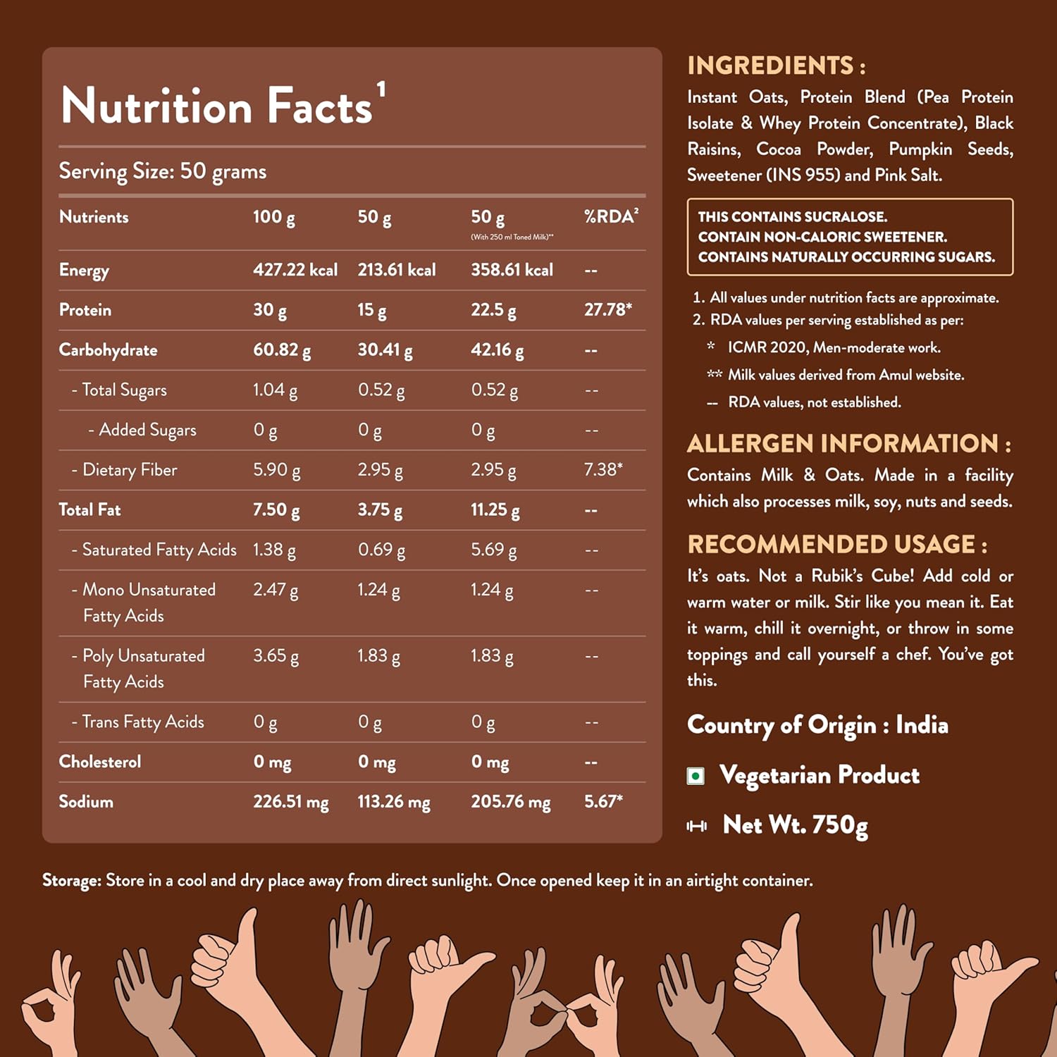 Nutrabay High Protein Oats - 750g, Dark Chocolate Raisin | 30g Highest Protein Oats Ever with Whey Protein Concentrate & Pea Protein Isolate | Zero Added Sugar