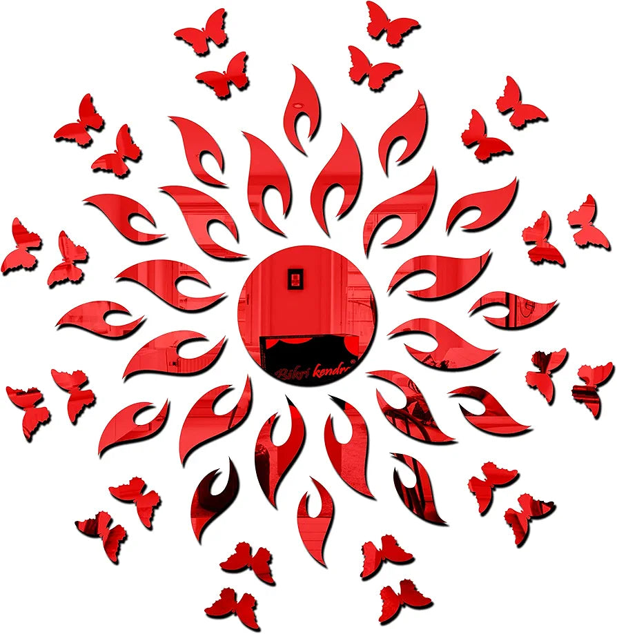 Bikri Kendra Art BK160 Sun red with 20 red Butterfly 3D Acrylic Mirror Stickers for Wall