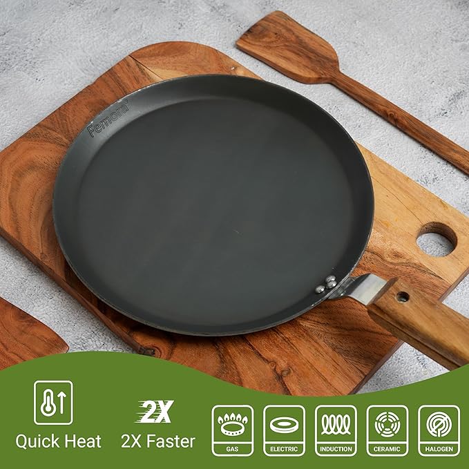 Femora 9.8 Inchs Iron Flat Tawa With Wooden Handle | Tawa for Roti