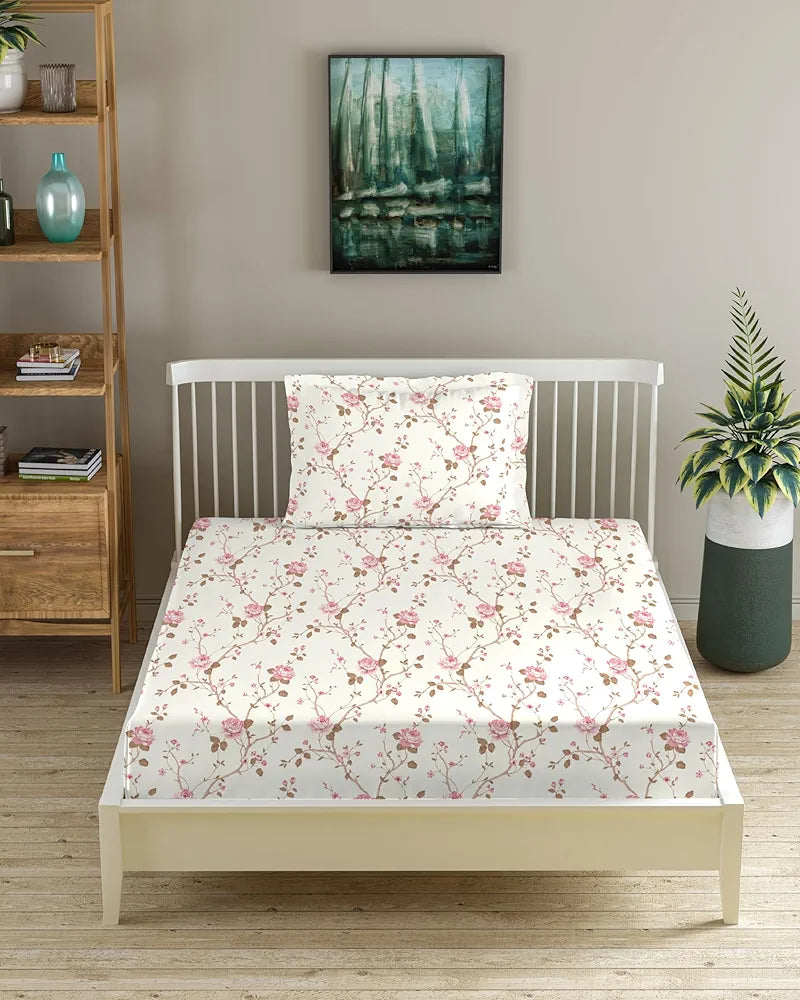 Trance Home Linen 180Tc 100% Cotton 78"X36" Single Size Elastic Fitted Bedsheet Printed With 1 Pillow Cover Colour Aster Pink