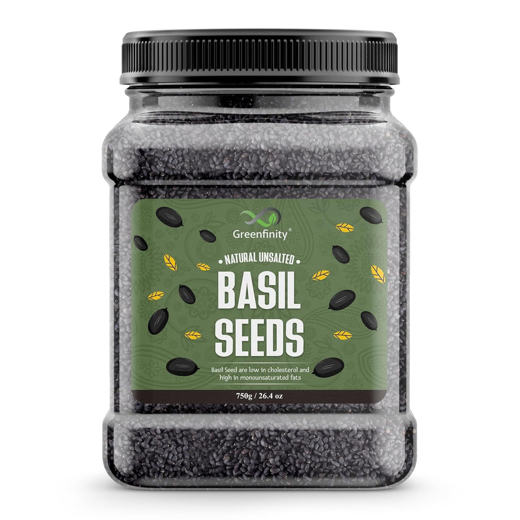 GreenFinity Basil Seeds 750g | Raw Sabja Seeds for Eating | Healthy Snacks | Jar Pack