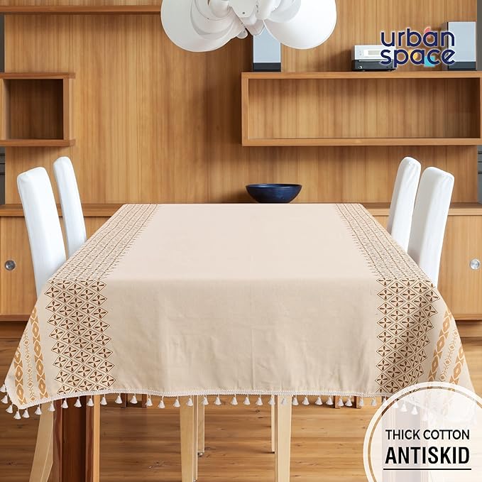 Urban Space Cotton Dining Table Cover 6 Seater, Printed Cotton Table Cloth Colour G Border Taupe