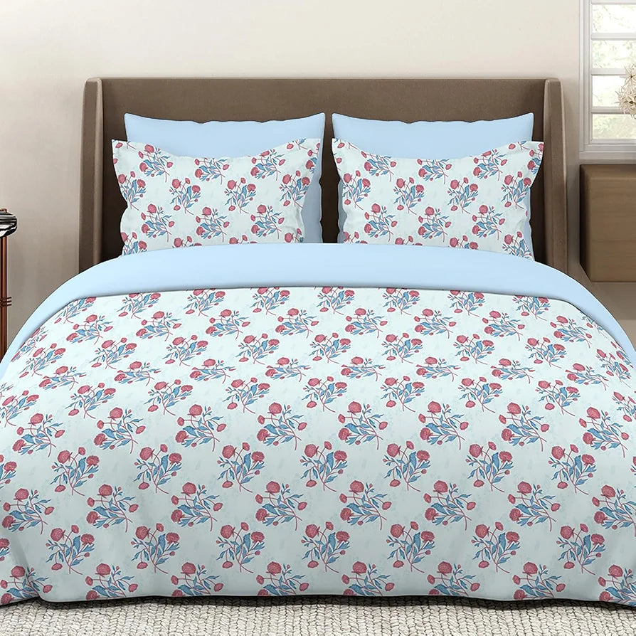Layers Marigold Cotton Bedsheet Set for All Seasons Lightweight 144 TC King Size Blue Printed
