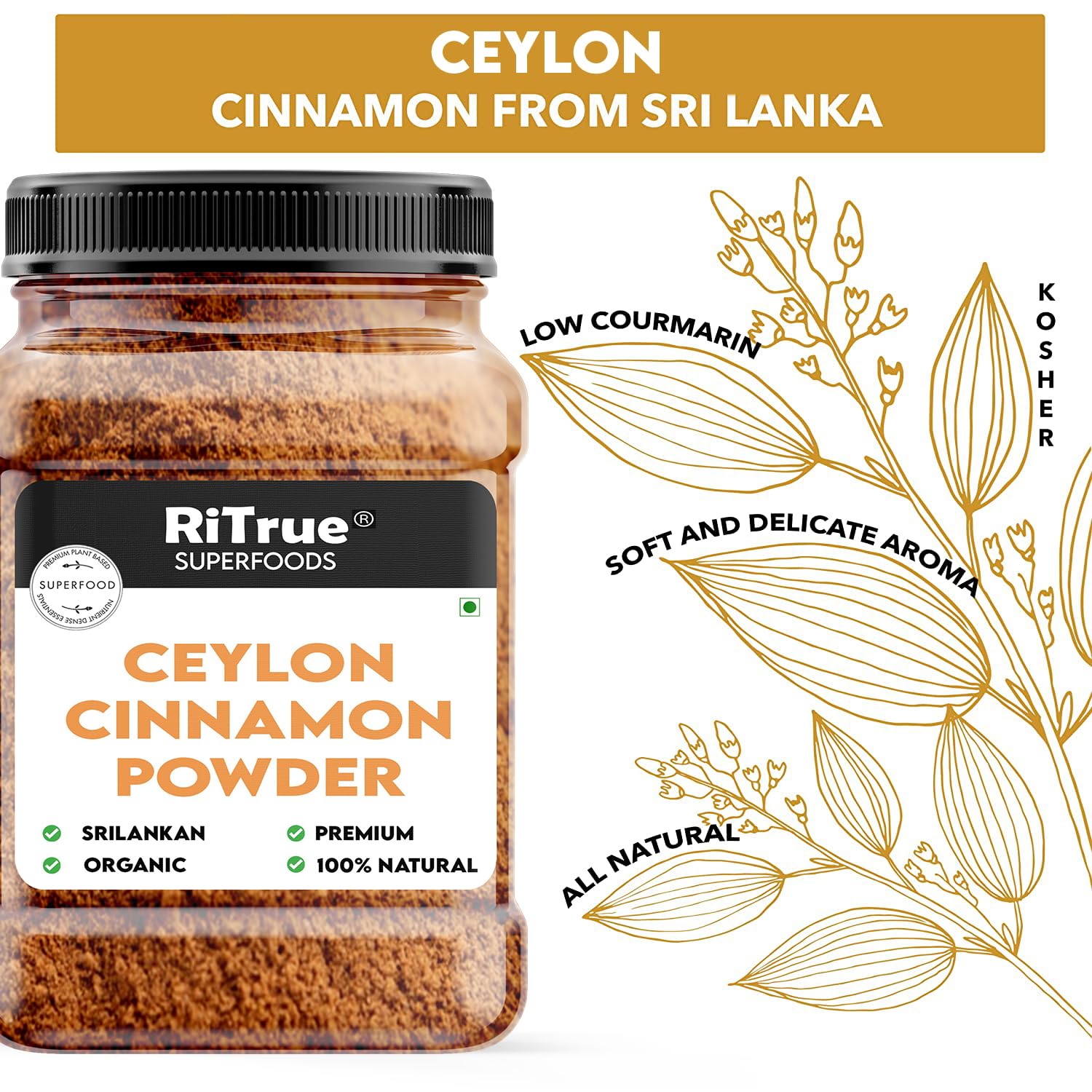 RiTrue - Ceylon Cinnamon Powder (SriLankan) - 400 Gm (2X200gm) - Organic Dalchini powder