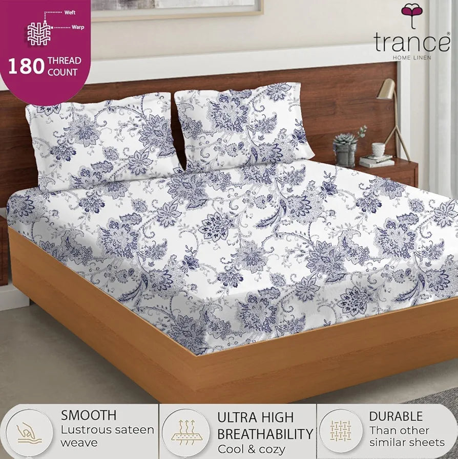 Trance Home Linen Skin Friendly 100% Cotton Printed Fitted Bedsheet for Queen Size Bed with 2 Pillow Cover Premium 180TC Colour Blue Pathway