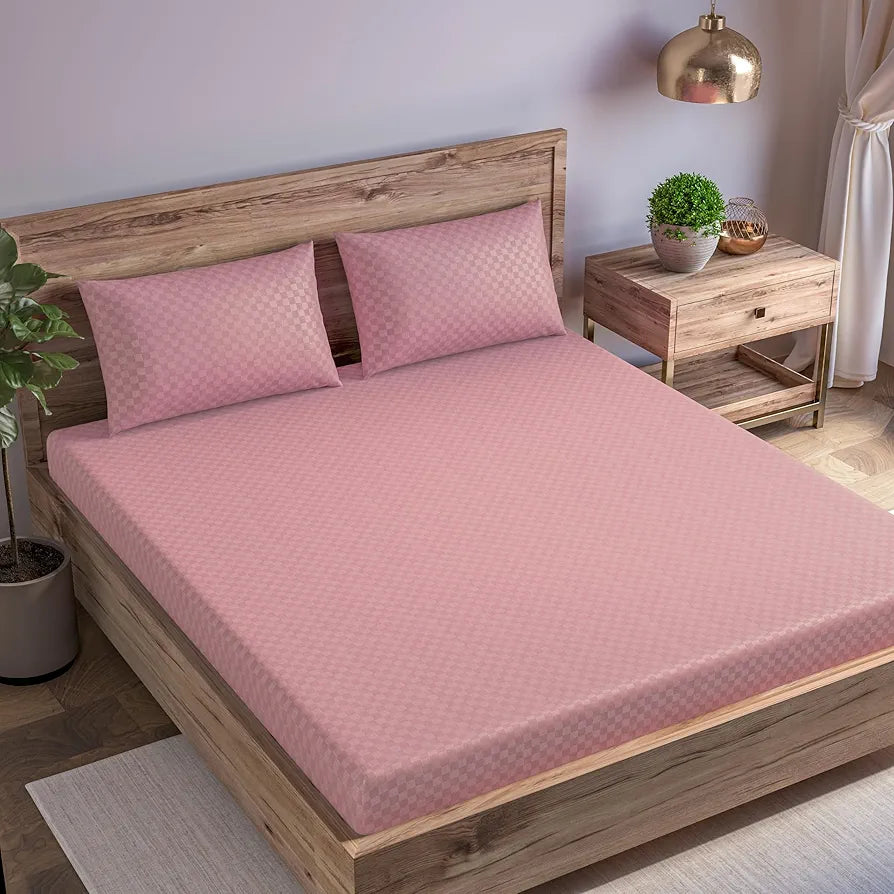 Trance Home Linen Premium Jacquard Weave 300TC Fitted Bedsheet for Queen Size Bed with 2 Pillow Solid Cover 100% Cotton Skin Friendly Colour Dusty Rose