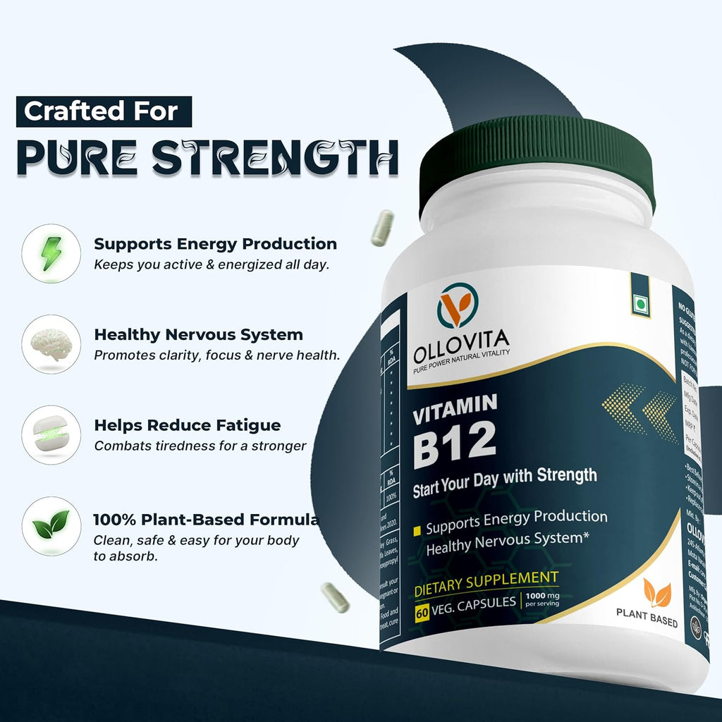 Vitamin B12 Supplement â€“ 1000mcg Plant-Based Veg Capsules for Energy, Metabolism & Nerve Support | Boosts Vitality & Wellness | Supports Red Blood Cells | 60 Capsules