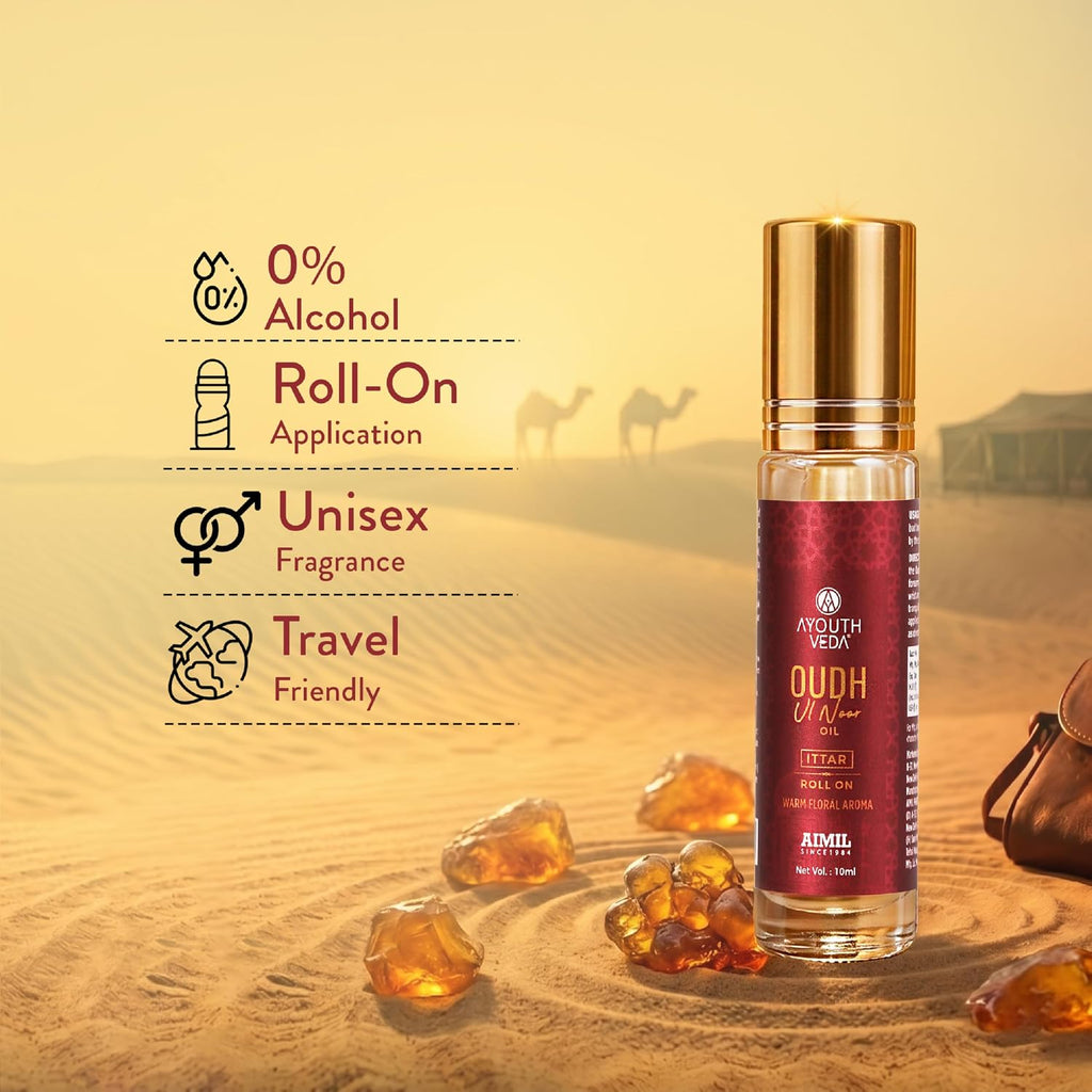 Ayouthveda Oudh Ul Noor Ittar | Premium Non-Alcoholic Long Lasting Roll-On Perfume | Unisex Oud Fragrance | Amber, Jasmine & Rose | Pocket-Friendly & Travel Friendly | 10 ml