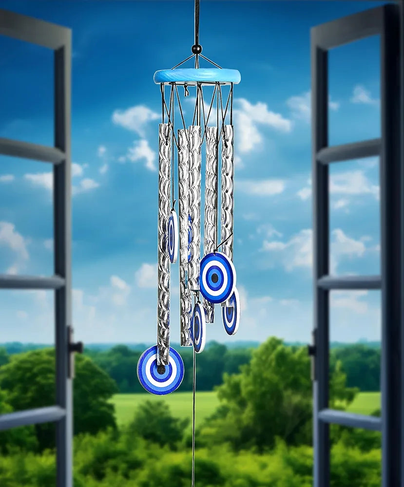 Evil Eye Wind Chimes for Living Room and Bedroom Silver 5-Pipe Wind Chime -013