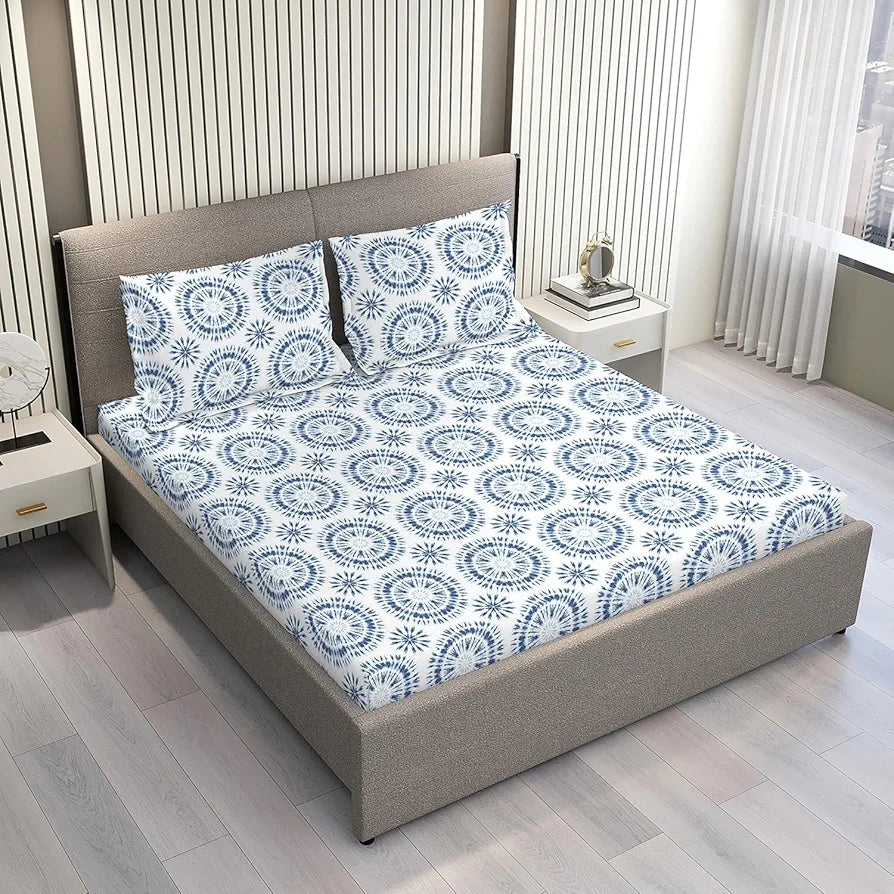 Layers Lumina Floret Cotton Bedsheet Set for All Seasons Lightweight 144 TC Queen Size Blue Paisley