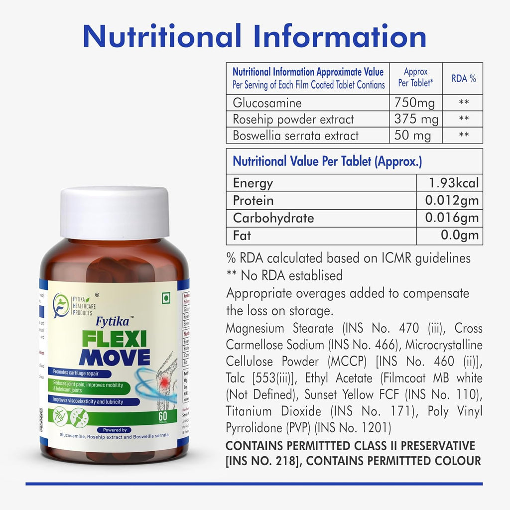 FYTIKA Flexi Move - 60 Tablets (Pack of 1)| Glucosamine, Rosehip Powder, Boswellia Extract | 4 in 1 Formula that Supports Your Bone, Joint, And Cartilage Health | For Men and Women
