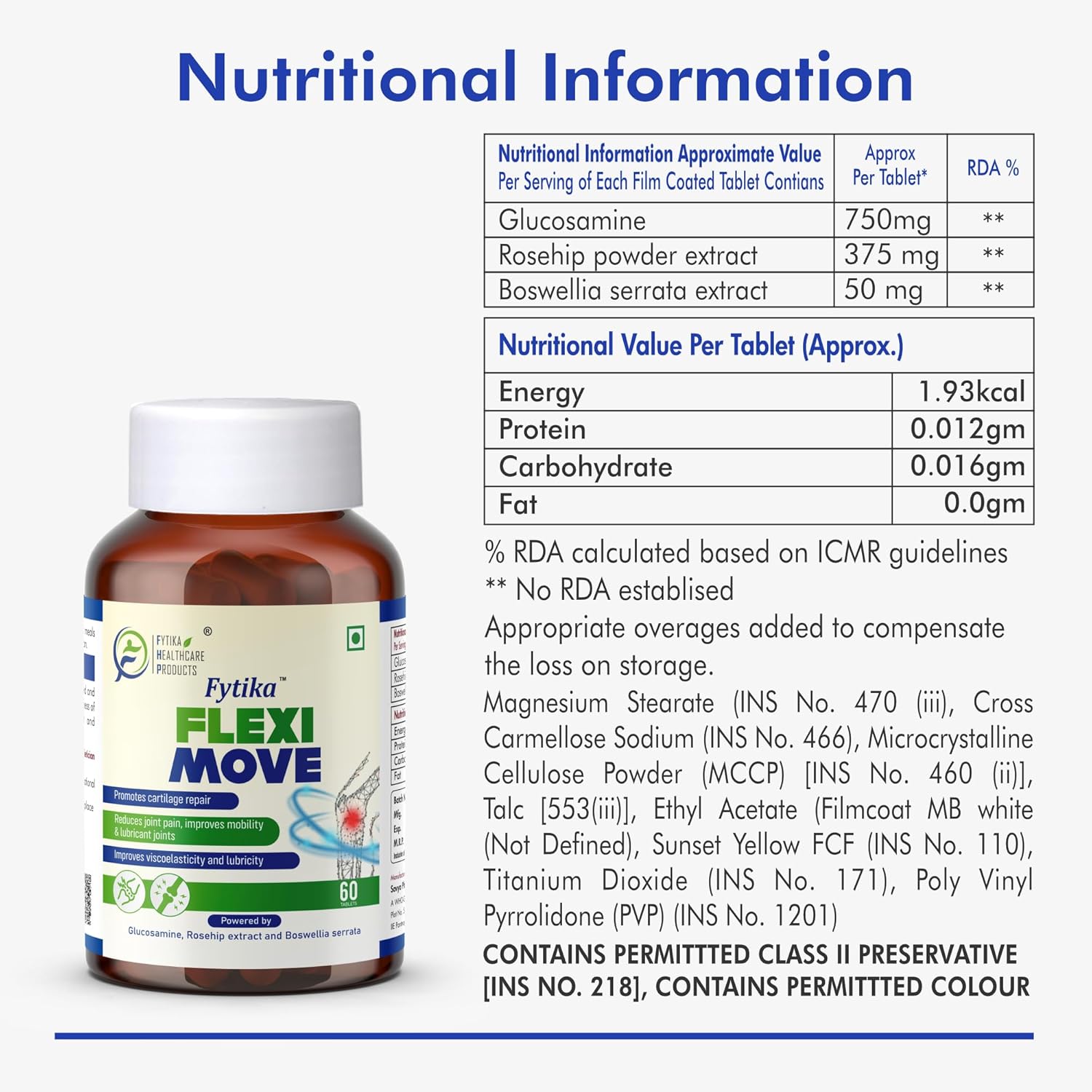 FYTIKA Flexi Move - 60 Tablets (Pack of 1)| Glucosamine, Rosehip Powder, Boswellia Extract | 4 in 1 Formula that Supports Your Bone, Joint, And Cartilage Health | For Men and Women
