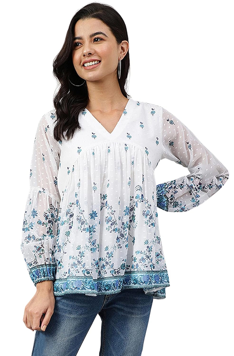 Janasya Women's White Georgette Digital Print Flared Top