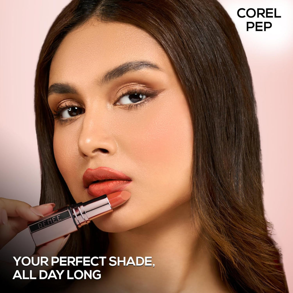 RENEE Everstay Long Stay Matte Lipstick - Coral Pep, Hydrating & Non-Drying, Smudge-Proof, Lightweight, Long Lasting, Intense Pigment, Full Coverage, Vitamin E Infused, For All Occasions, 4.2g