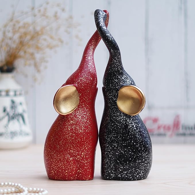 Ecraftindia Set of 2 Black & Red Cute Elephant Statues Animal Figurines Showpiece for Home Decor