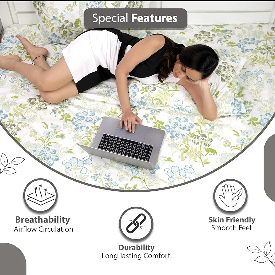 Divine Casa Double Size Bedsheet for Double Bed, 144 TC Pure Cotton Queen Size with 2 Pillow Covers Floral Colour Mint Blue