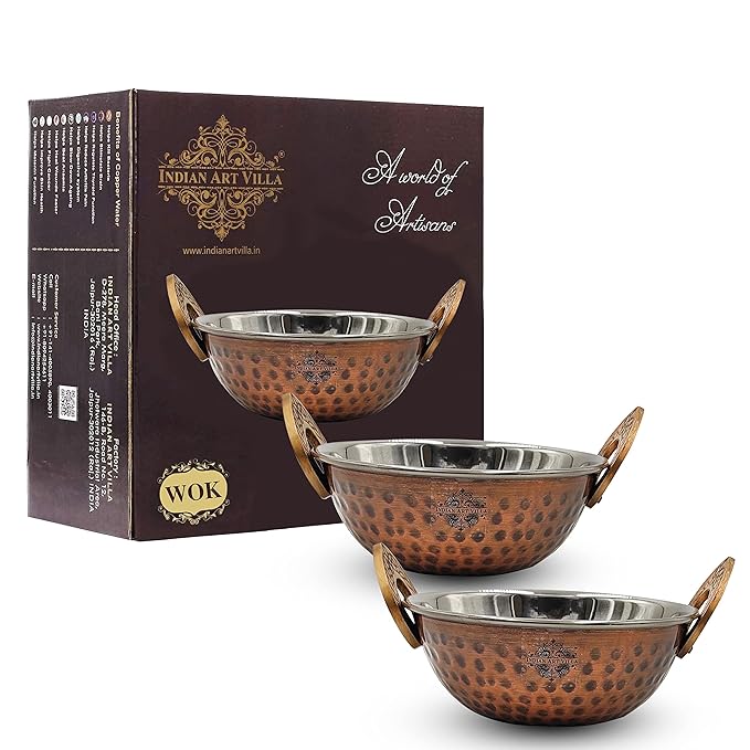 Indian Art Villa Hammered Antique Dark Finish Design Steel Copper Kadhai/Wok Each - 350 ml (Pack of 2)