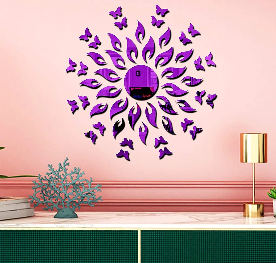 Bikri Kendra Art BK154 Sun Purple with 20 Purple Butterfly 3D Acrylic Mirror Stickers for Wall