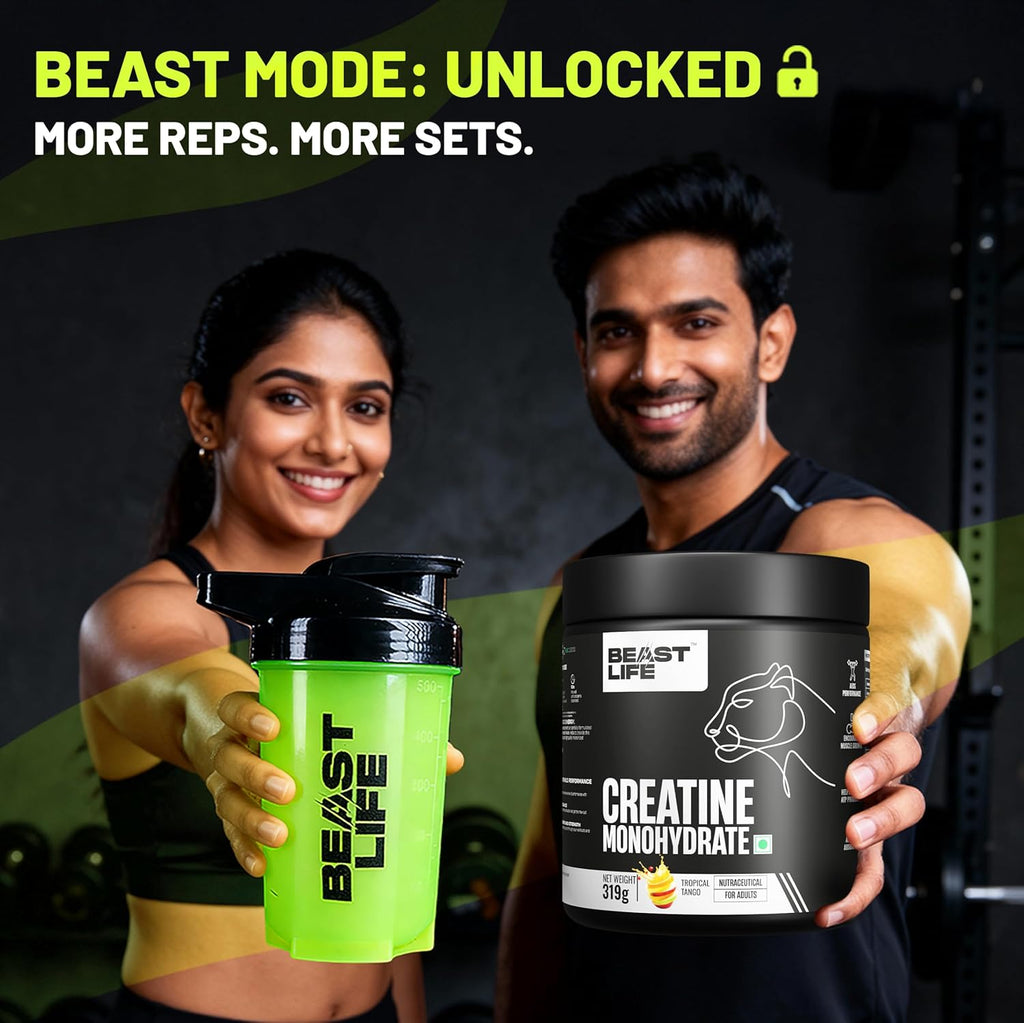 BeastLife Micronised Creatine Monohydrate with Free Shaker | 319 g | 86 Servings | Tropical Tango | NABL Lab Tested | Rapid Absorption for Muscle Strength & Athletic Performance | Super Micronised Creatine Powder