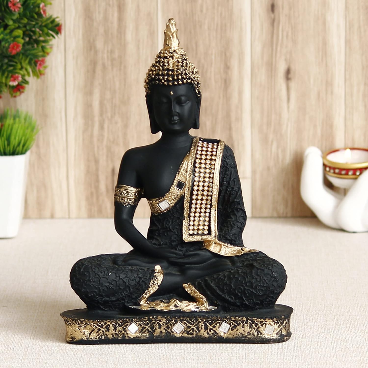 Ecraftindia Golden Black Resin Handcrafted Meditating Lord Buddha Idol for Home Decor