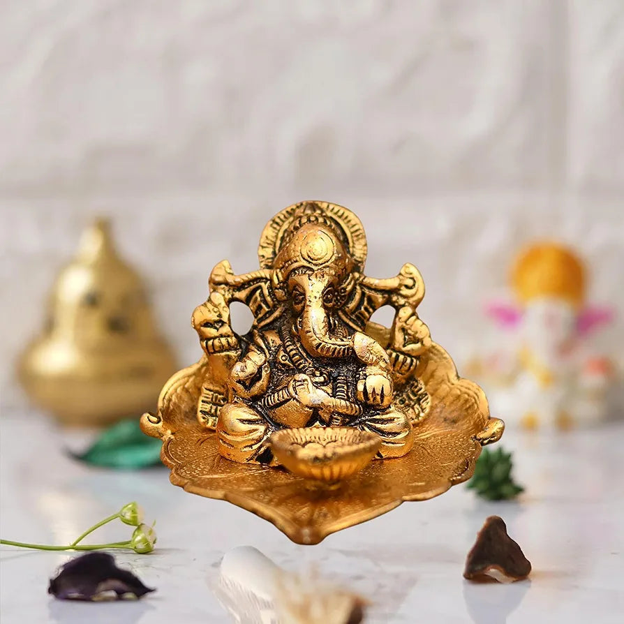 Chhariya Crafts Metal Ganesh Idol with Diya Deepak Showpiece - 8 cm