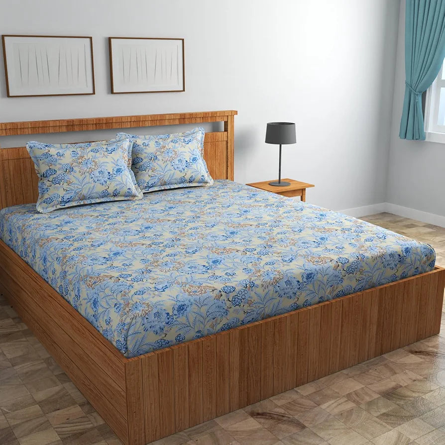 Homefab India 160 TC Glace Cotton Double BedSheet with 2 Pillow Covers Light Blue Floral