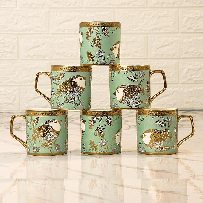 Femora Bone China Gold Tea Cup | Goldcrest Green | 180 Ml