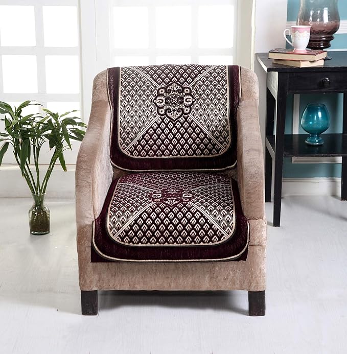 Nendle Chenille Velvet Fabric Sofa Cover Set of 5 Seater (Wine, 6 Pieces)