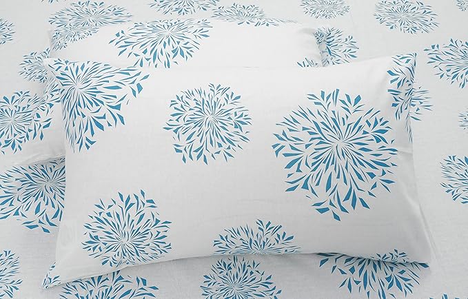 Huesland by Ahmedabad Cotton 144 TC Cotton Bedsheets for King Size Bed with 2 Pillow Covers | White (Blue Print)