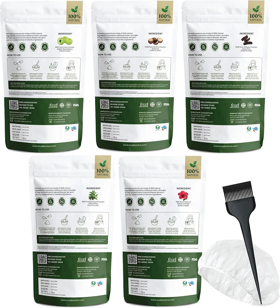 Shudh Online Amla, Reetha, Bhringraj, Shikakai & Hibiscus Powder Hair Mask for Hair Growth Pack - Each 100 gms (Pack of 5)