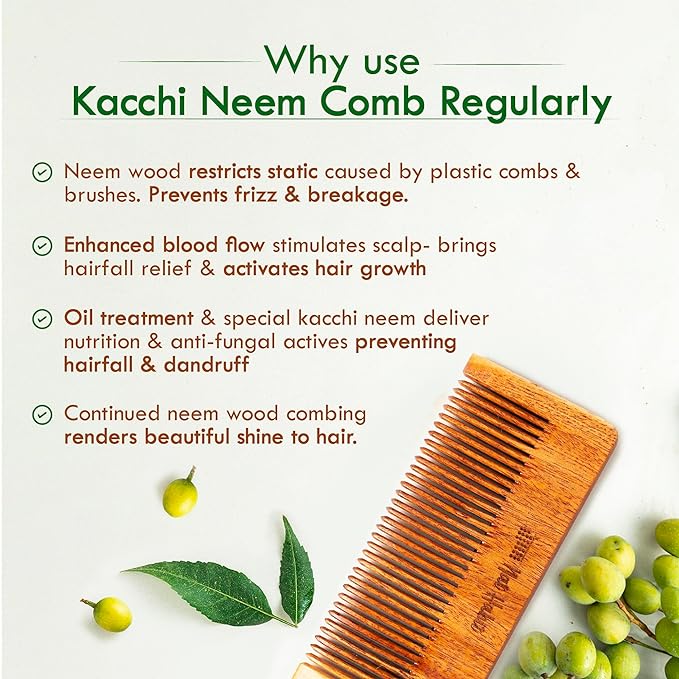 Nat Habit Kacchi Neem Comb Fine Tooth Styling & Wide Tooth Shampoo Combo, Soaked in 17 Herbs | Small Size