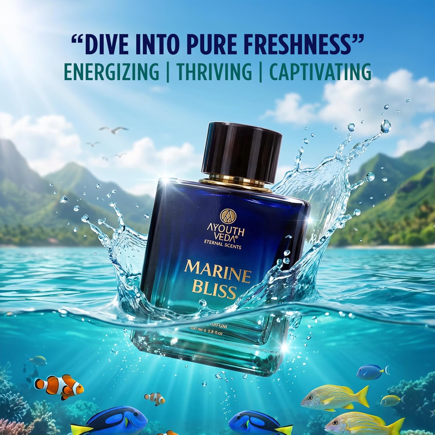 Ayouthveda Marine Bliss Eau De Parfum | Long-Lasting Fresh Aquatic Luxury Perfume for Men | Grapefruit, Marine Accord, Aquatic Notes & Ambery Lavender | Refreshing Daily Wear Fragrance | 100ml
