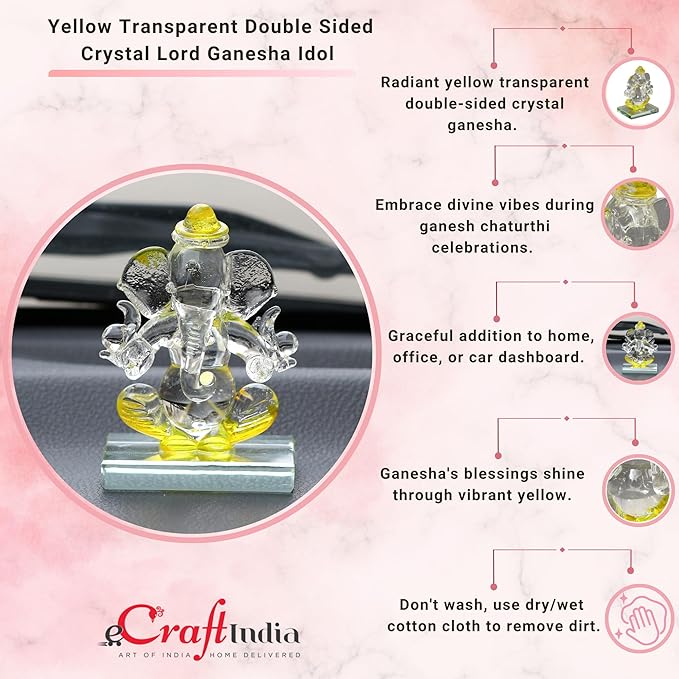 Ecraftindia Yellow and Transparent Double Sided Crystal Car Ganesha Showpiece