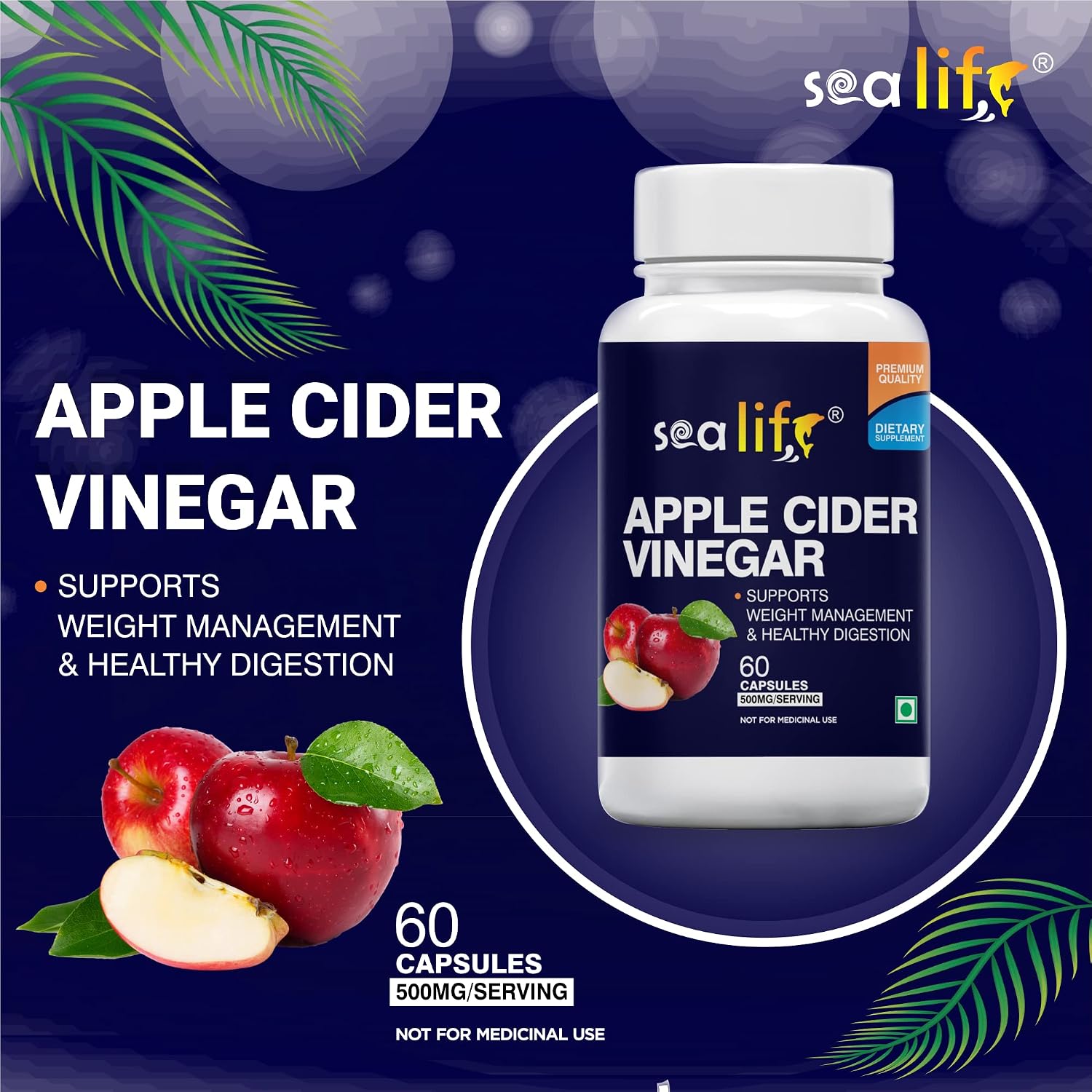 Sea Life Apple Cider Vinegar 500mg Capsules for Weight Loss Management (60 Veg Capsules),Boost Energy | Supports managing blood sugar levels | Improves Cholesterol Levels.