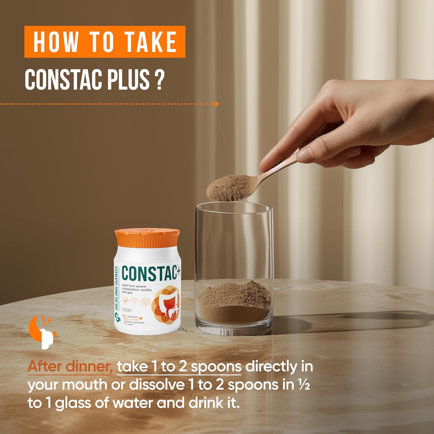 Healing Hands Constac Plus for Relief in Severe Constipation, Acidity and Gas, Plant Based Natural Constipation Solution, Clinically Proven, Herbal, Strong â€“ 100 gm (Granules)