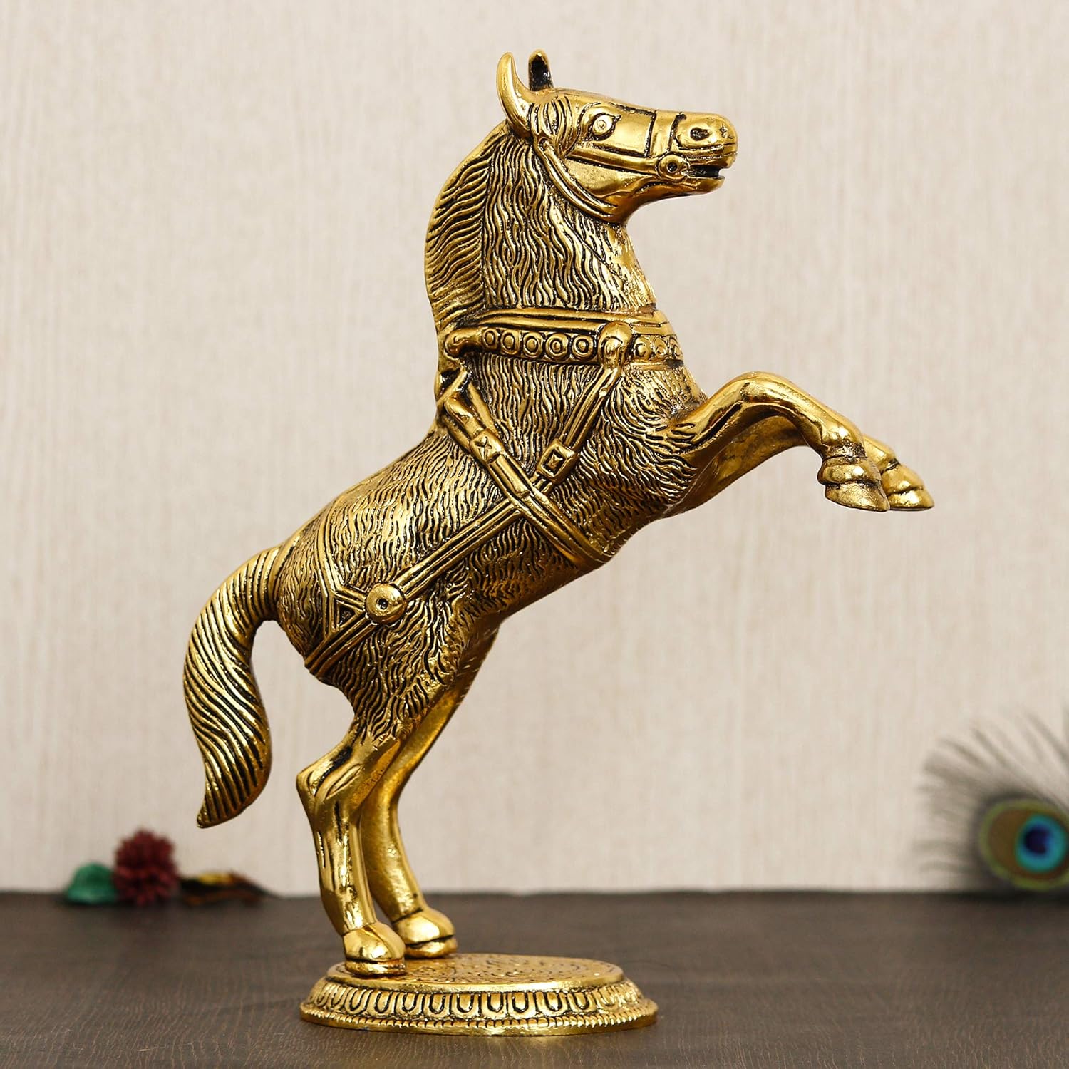 Ecraftindia Decorative Golden Metal Jumping Horse Statue Animal Figurine Antique Showpiece