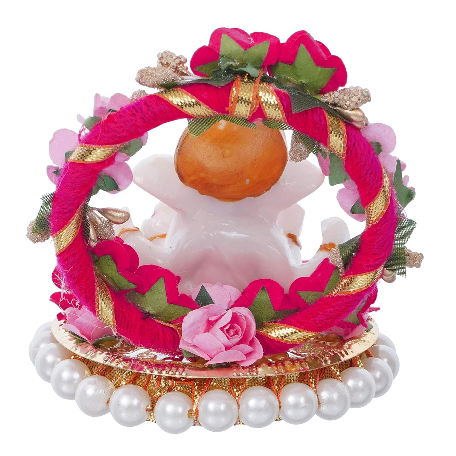Ecraftindia Lord Ganesha Idol on Decorative Handcrafted Plate With Throne of Pink and Red Flowers