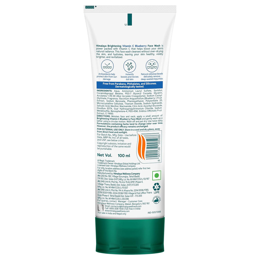 Himalaya Brightening Vitamin C Blueberry Face Wash | Brightening Face Cleanser | Remove Dull Skin | 100ml