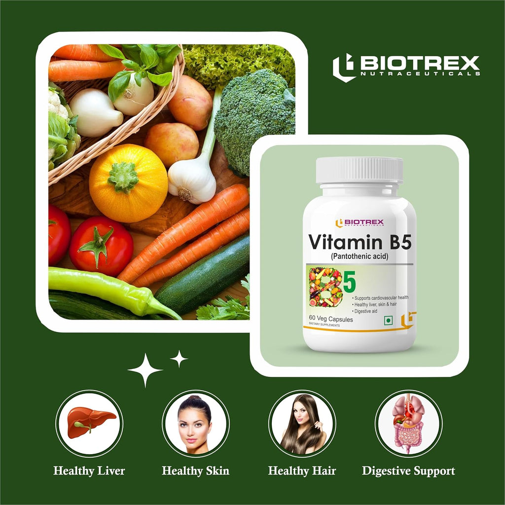 Biotrex Nutraceuticals Vitamin B5 (Pantothenic acid) Supplement | Daily 100% RDA | Energy & Metabolism | Nerve Health | Healthy Cholesterol Levels | Hair, Skin & Nails | Lab Tested | 60 Veg Capsules