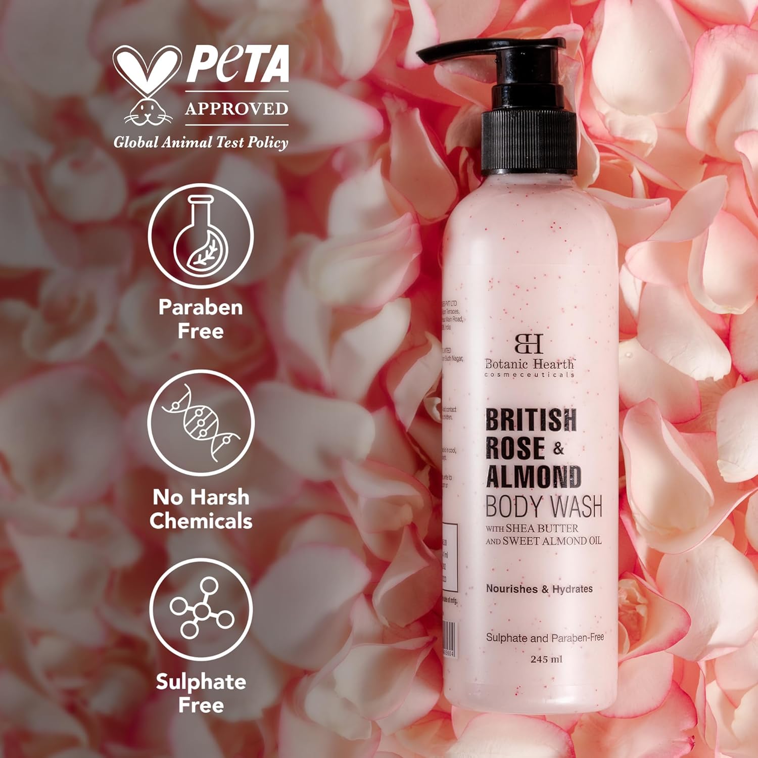 Botanic Hearth British Rose & Almond Body Wash Shower Gel for Women & Men with Shea Butter | Moisturizing & Softening Body Wash for Men & Women | Sulfate & Paraben Free | 245ml