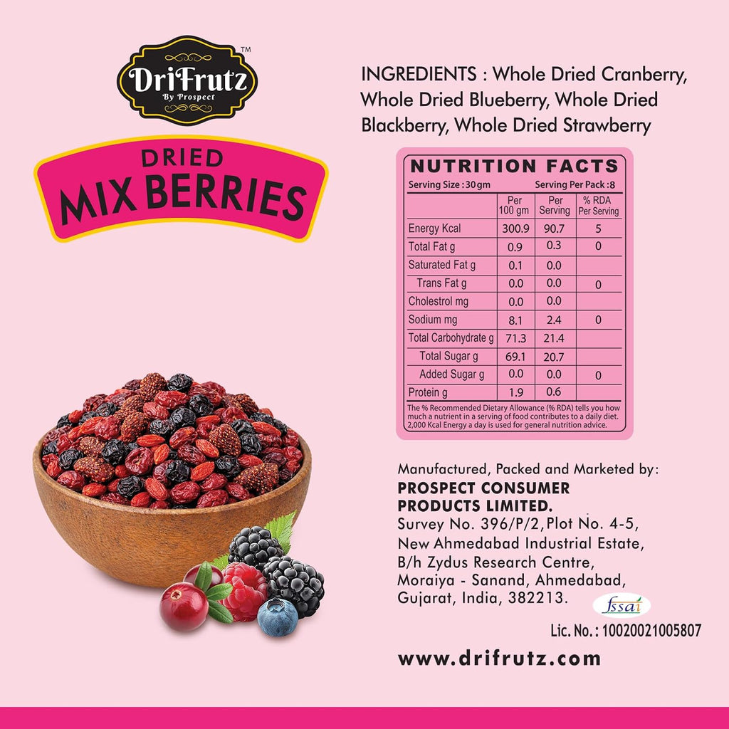 DRIFRUTZ Dried Mix Berries (250 g) | Black Blueberry and Cranberry Blend | Suitable for Snacking Cereals Baking Trail Mix and Meal Preparation | Ready to Use | Resealable Pack