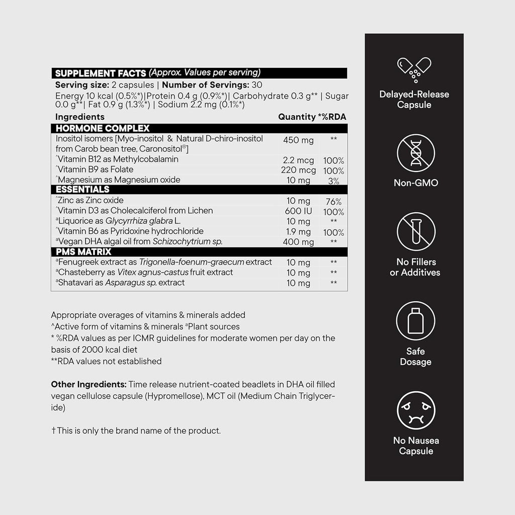 Wellbeing Nutrition PCOS Supplement for Women | Caronositol, Myo-inositol, Vitamins | Balance Hormones, Regularize Periods, Reduce Acne & Facial Hair | Weight Management | 60 Veg Capsules