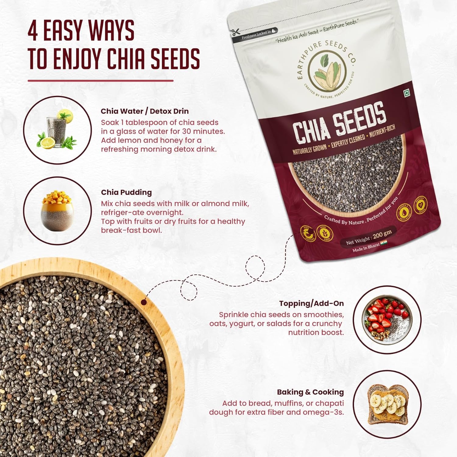 EarthPure Chia Seeds 100g I Seeds for Eating | Seeds for Weight Management | Rich in Calcium, Protein & Fibre