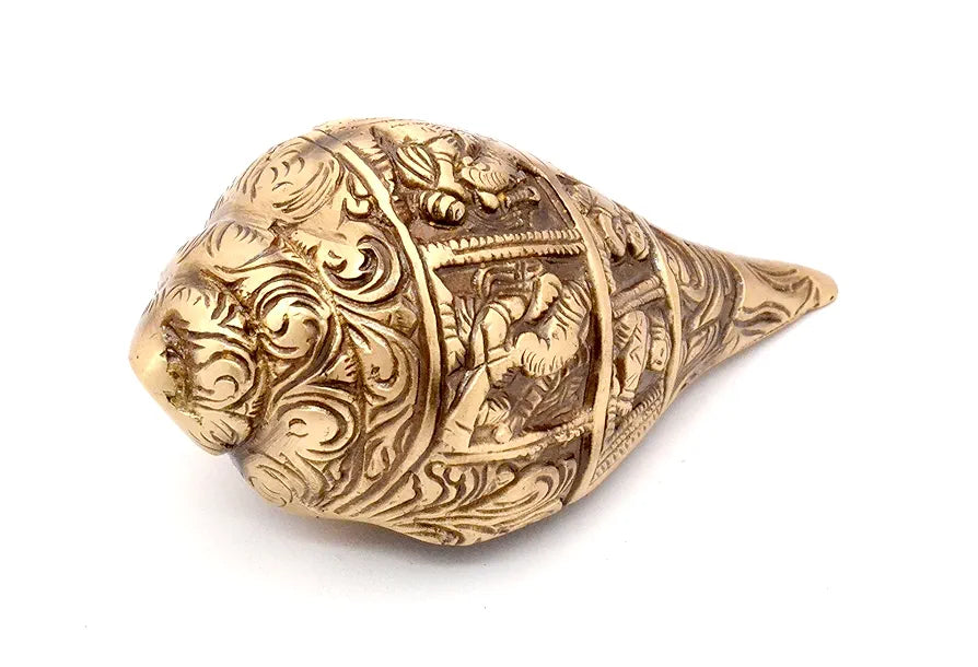 Two Moustaches Ganesha Carving Brass Shankh Showpiece